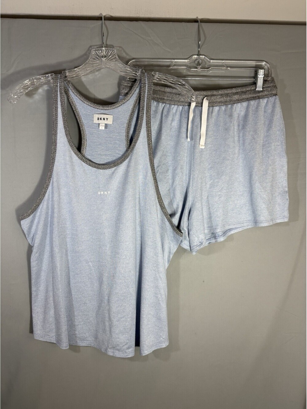 DKNY Women’s Lounge Pajama Set Blue Heather Racerback Tank Shorts Size L Soft